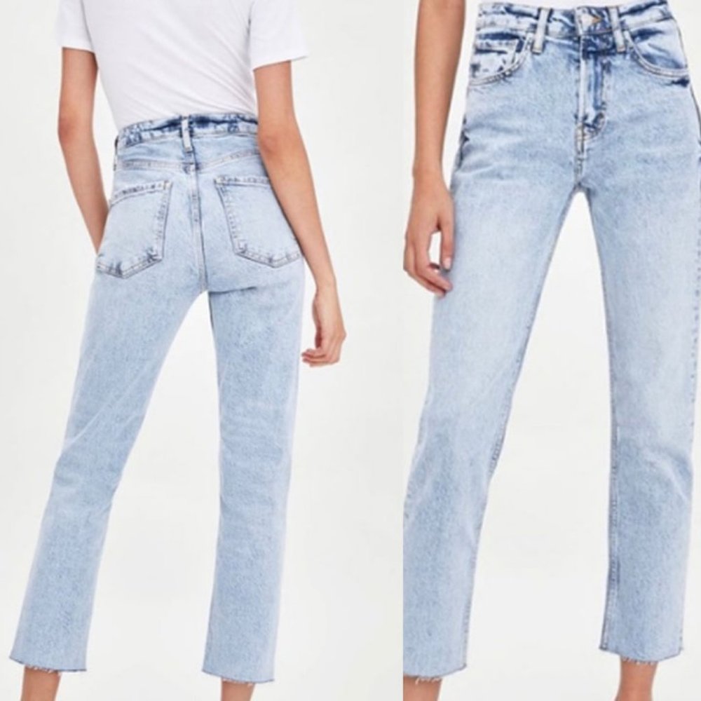 ZARA Raw Crop High Waisted Button Fly Acid-wash Mom Jeans